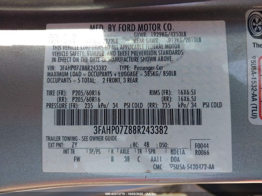 2008 Ford Fusion Se VIN: 3FAHP07Z88R243382 Lot: 43373770