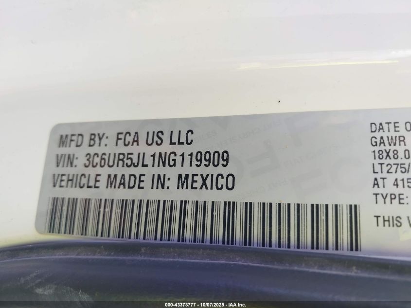 2022 Ram 2500 Big Horn 4X4 8' Box VIN: 3C6UR5JL1NG119909 Lot: 43373777