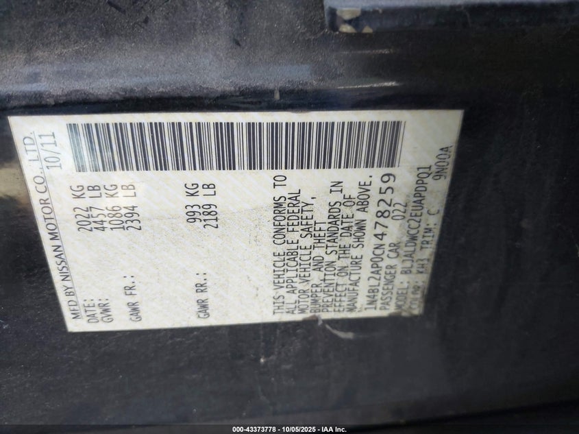 2012 Nissan Altima 3.5 Sr VIN: 1N4BL2AP0CN478259 Lot: 43373778