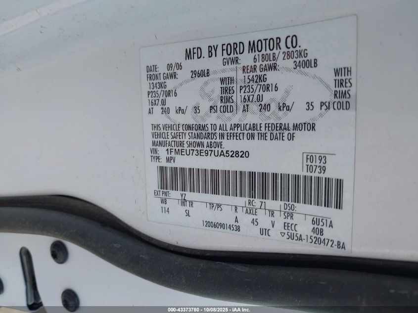 2007 Ford Explorer Xlt VIN: 1FMEU73E97UA52820 Lot: 43373780