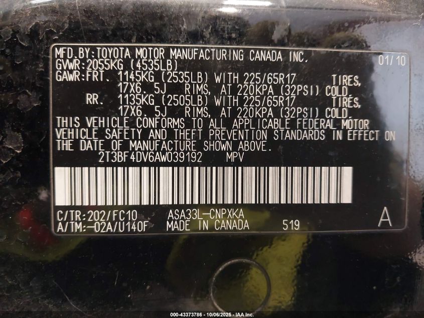 2010 Toyota Rav4 VIN: 2T3BF4DV6AW039192 Lot: 43373786