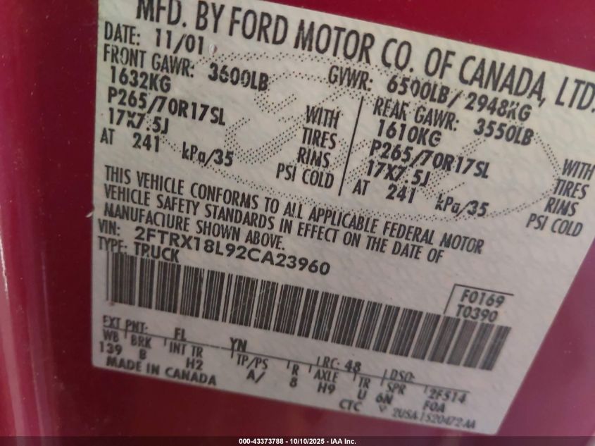 2002 Ford F-150 Lariat/Xl/Xlt VIN: 2FTRX18L92CA23960 Lot: 43373788