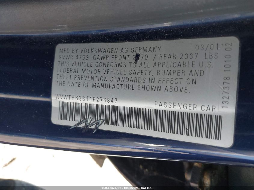 2001 Volkswagen Passat Glx VIN: WVWTH63B11P276847 Lot: 43373792