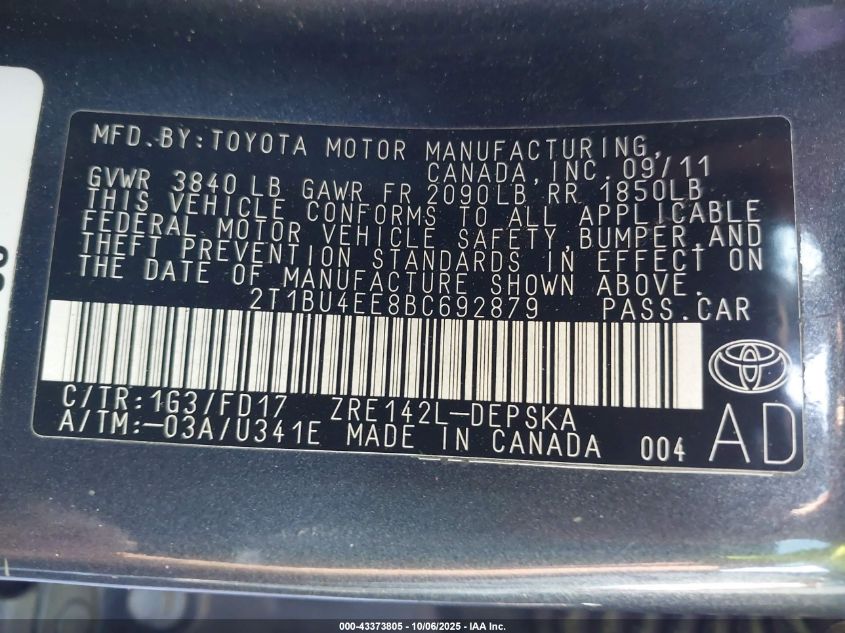 2011 Toyota Corolla S VIN: 2T1BU4EE8BC692879 Lot: 43373805