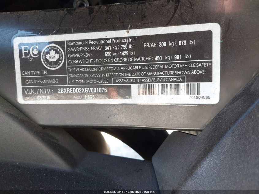 2016 Can-Am Spyder Roadster F3-T/Limited/Limited Spec VIN: 2BXREDD2XGV001076 Lot: 43373815