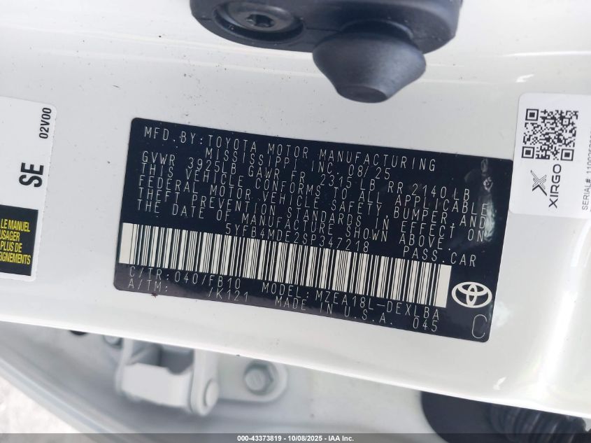 2025 Toyota Corolla Le VIN: 5YFB4MDE2SP347218 Lot: 43373819