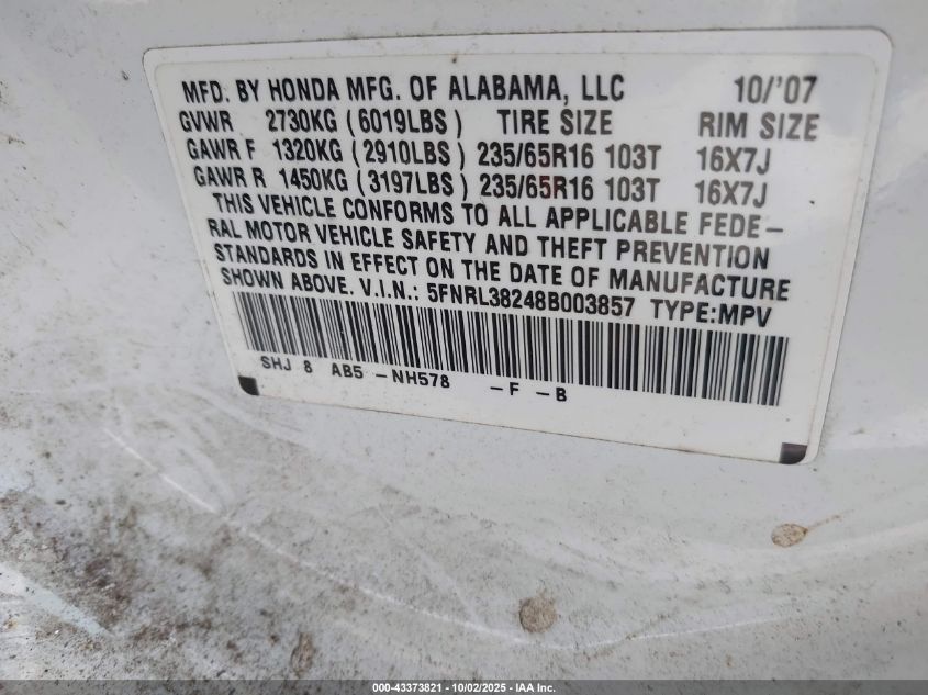 2008 Honda Odyssey Lx VIN: 5FNRL38248B003857 Lot: 43373821