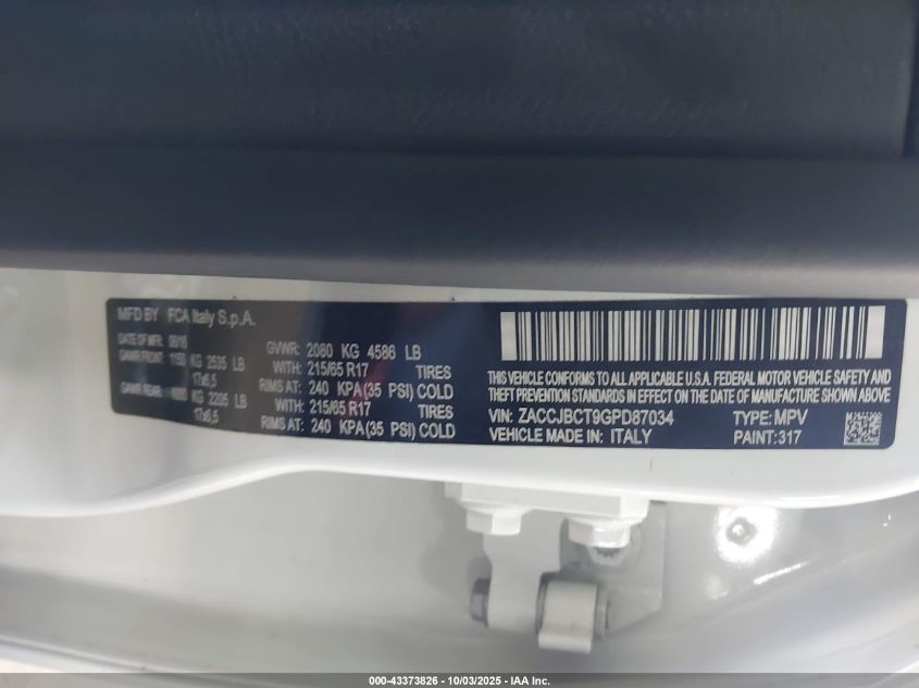 2016 Jeep Renegade Trailhawk VIN: ZACCJBCT9GPD87034 Lot: 43373826