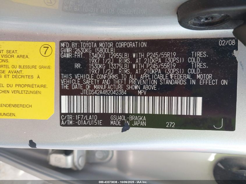 2008 Toyota Highlander Limited VIN: JTEDS42A482042384 Lot: 43373836