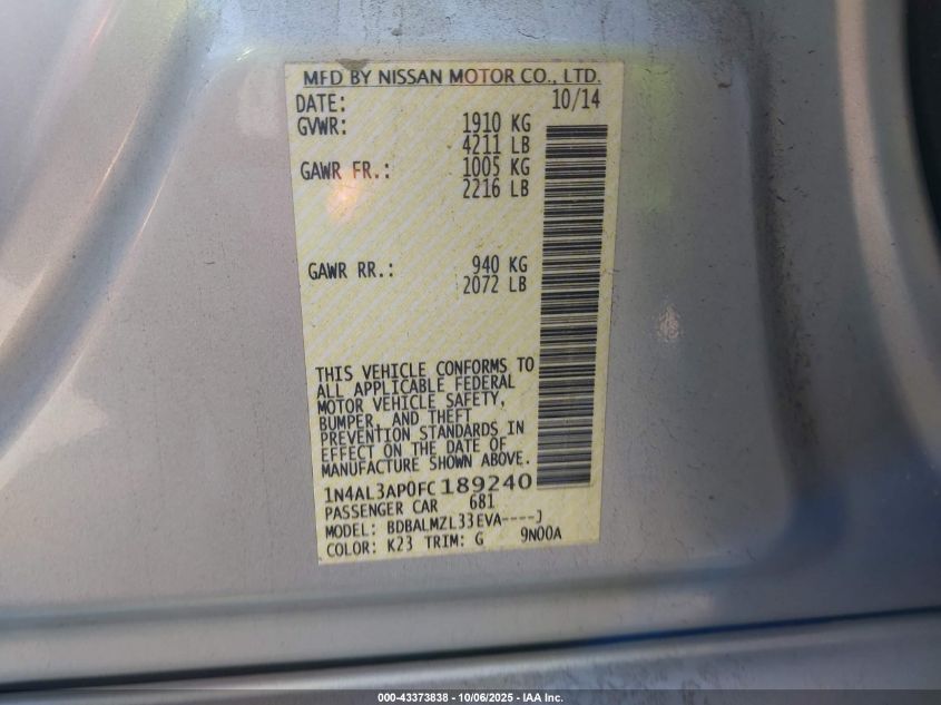 2015 Nissan Altima 2.5 Sv VIN: 1N4AL3AP0FC189240 Lot: 43373838