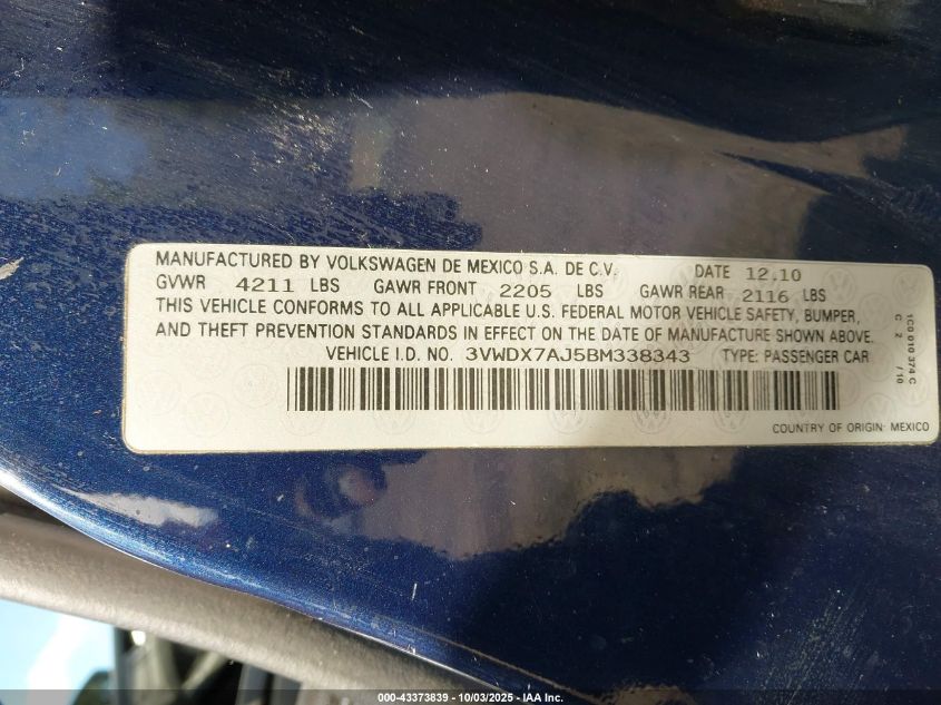 2011 Volkswagen Jetta 2.5L Se VIN: 3VWDX7AJ5BM338343 Lot: 43373839