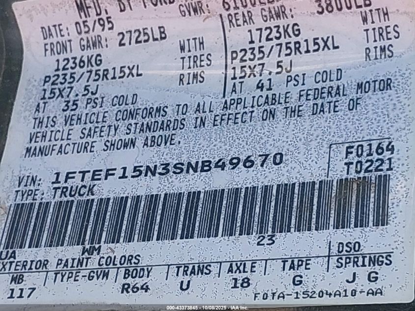 1995 Ford F150 VIN: 1FTEF15N3SNB49670 Lot: 43373845