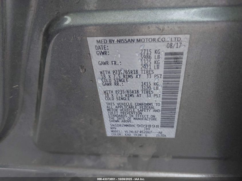 2017 Nissan Pathfinder S VIN: 5N1DR2MM8HC909898 Lot: 43373851