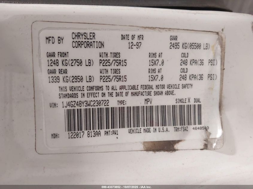1998 Jeep Grand Cherokee Laredo VIN: 1J4GZ48Y3WC230722 Lot: 43373852