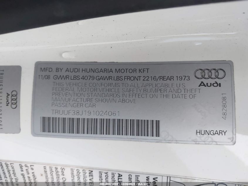 2009 Audi Tts 2.0T VIN: TRUUF38J191024061 Lot: 43373859