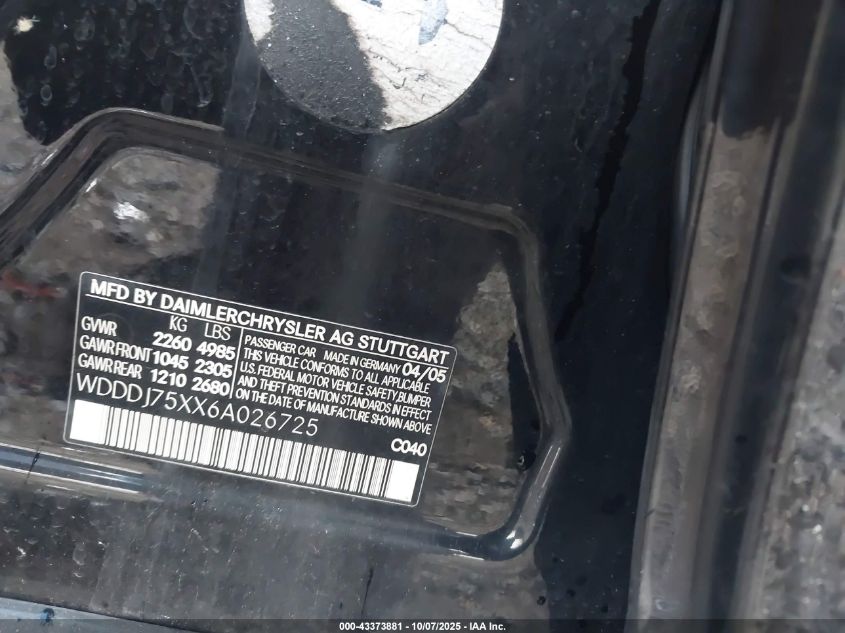 2006 Mercedes-Benz Cls 500 VIN: WDDDJ75XX6A026725 Lot: 43373881