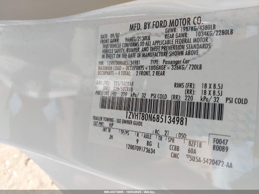 2008 Ford Mustang V6 Deluxe/V6 Premium VIN: 1ZVHT80N685134981 Lot: 43373885