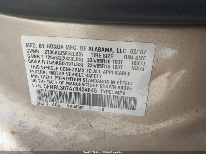 2007 Honda Odyssey Ex-L VIN: 5FNRL38747B434645 Lot: 43373888