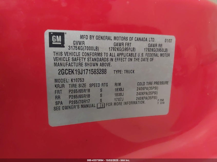 2007 Chevrolet Silverado 1500 Lt1 VIN: 2GCEK19J171583288 Lot: 43373894