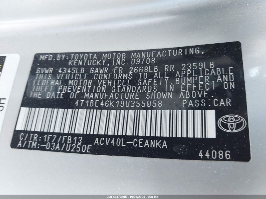 2009 Toyota Camry Le VIN: 4T1BE46K19U355058 Lot: 43373895