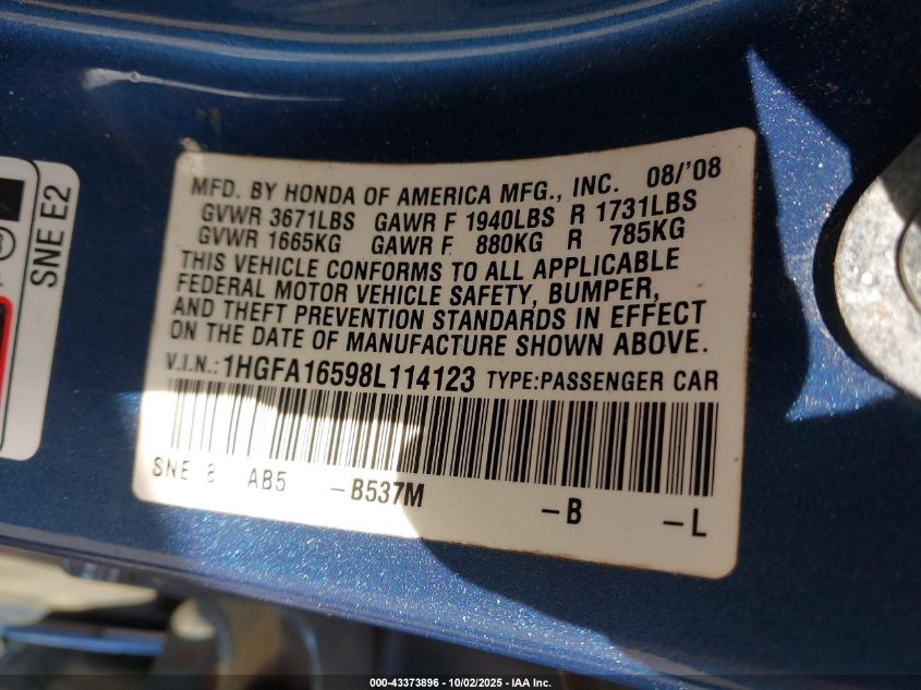 2008 Honda Civic Lx VIN: 1HGFA16598L114123 Lot: 43373896