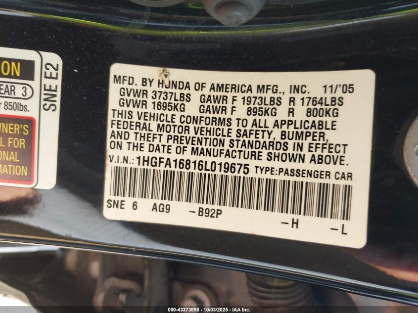 2006 Honda Civic Ex VIN: 1HGFA16816L019675 Lot: 43373898