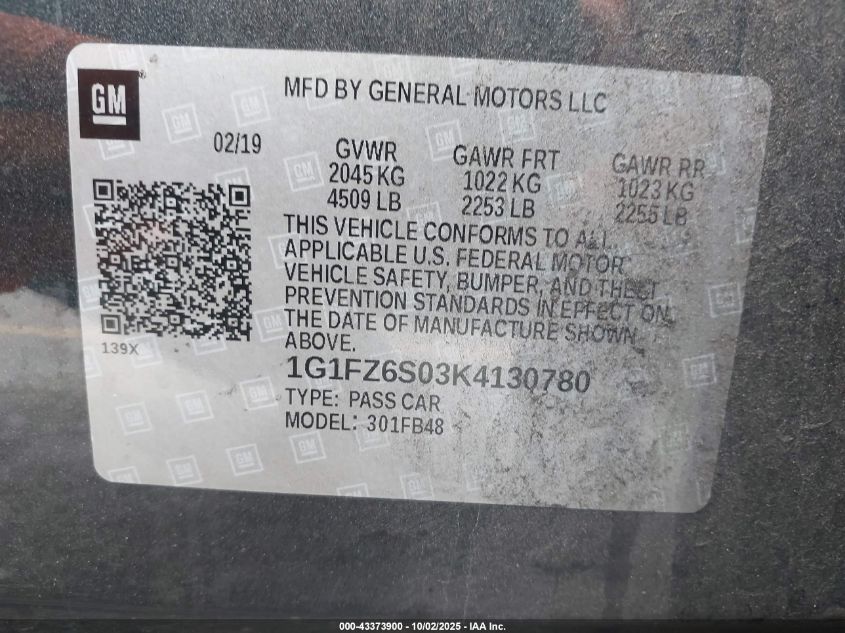 2019 Chevrolet Bolt Ev Premier VIN: 1G1FZ6S03K4130780 Lot: 43373900