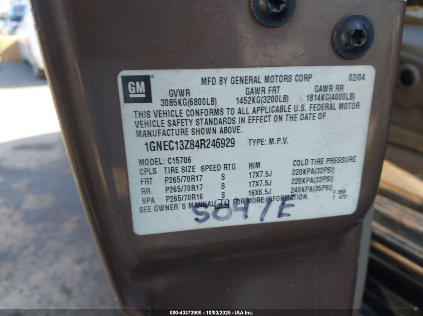 2004 Chevrolet Tahoe Lt VIN: 1GNEC13Z84R246929 Lot: 43373905