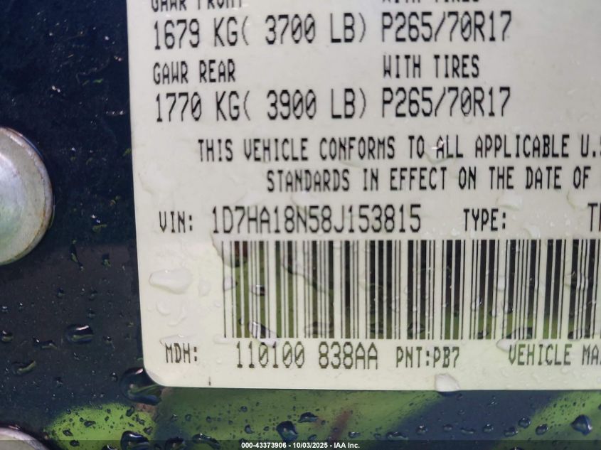 2008 Dodge Ram 1500 St/Sxt VIN: 1D7HA18N58J153815 Lot: 43373906