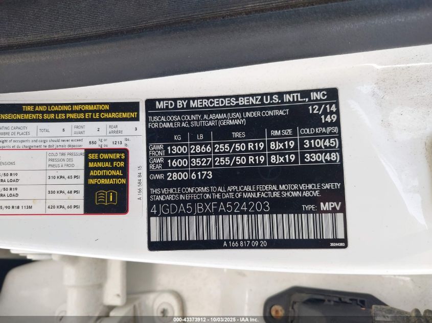 2015 Mercedes-Benz Ml 350 VIN: 4JGDA5JBXFA524203 Lot: 43373912