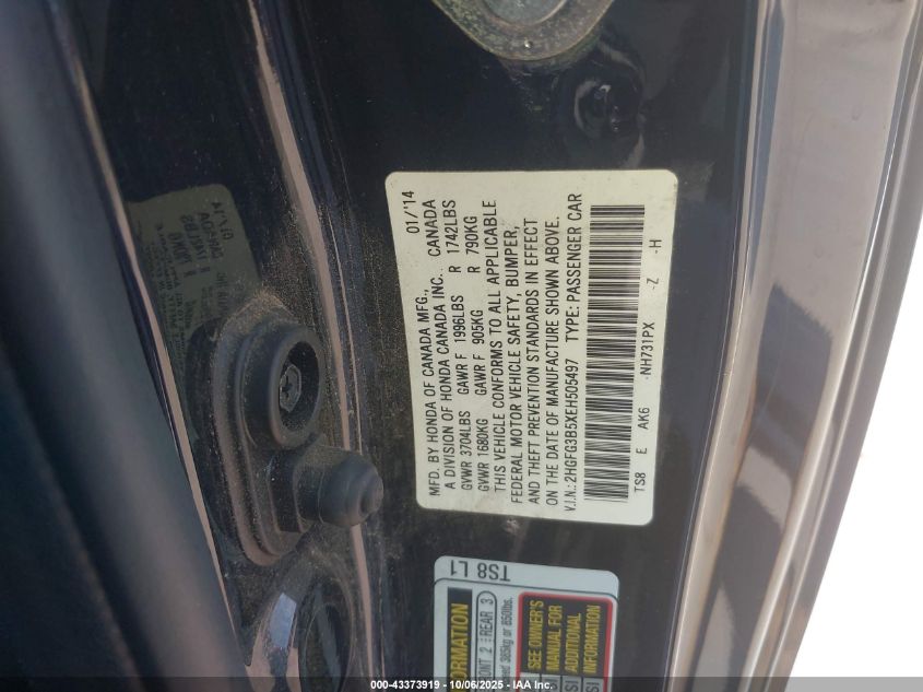 2014 Honda Civic Lx VIN: 2HGFG3B5XEH505497 Lot: 43373919