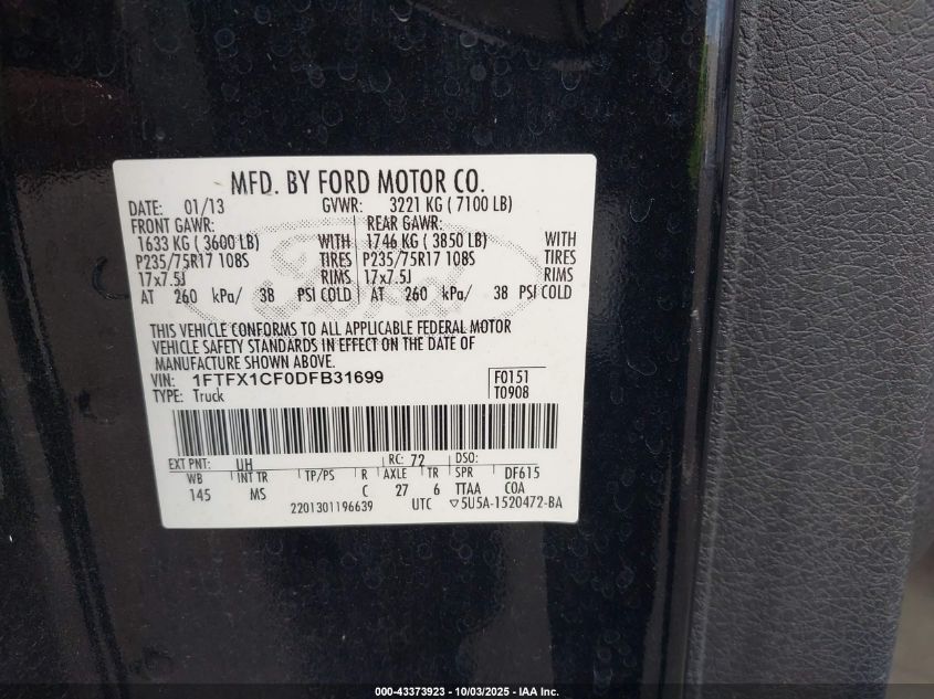 2013 Ford F-150 Xlt VIN: 1FTFX1CF0DFB31699 Lot: 43373923