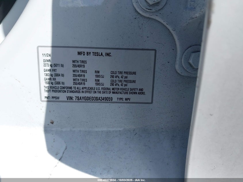 7SAYGDED3SA349059 2025 TESLA MODEL Y photo no. 9