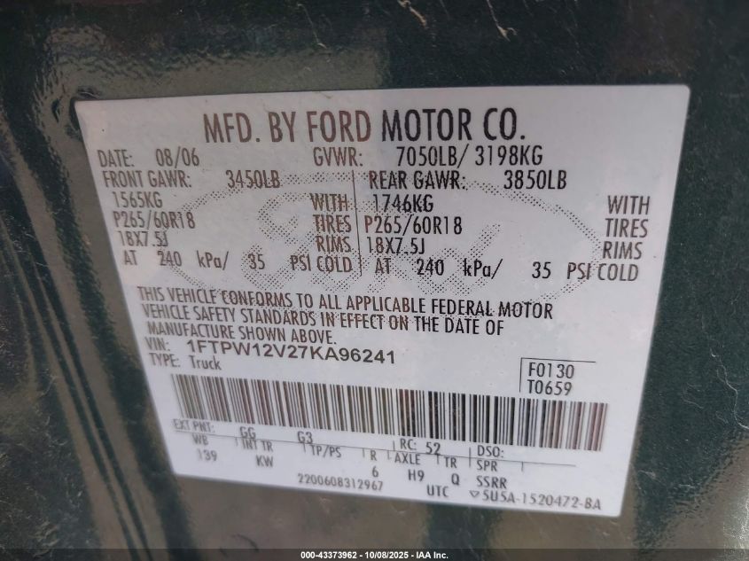 2007 Ford F-150 Lariat/Xlt VIN: 1FTPW12V27KA96241 Lot: 43373962