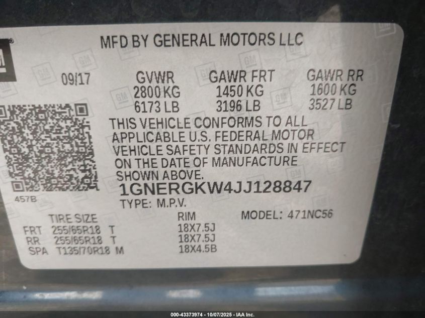 2018 Chevrolet Traverse 1Lt VIN: 1GNERGKW4JJ128847 Lot: 43373974