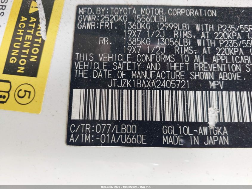 2010 Lexus Rx 350 VIN: JTJZK1BAXA2405721 Lot: 43373979