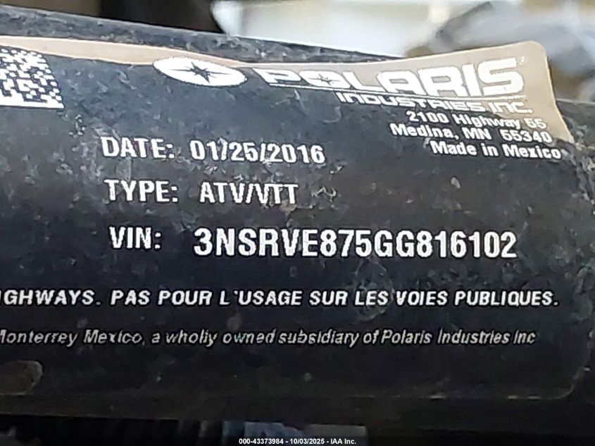 2016 Polaris Ranger Crew Xp 900-6 Eps VIN: 3NSRVE875GG816102 Lot: 43373984