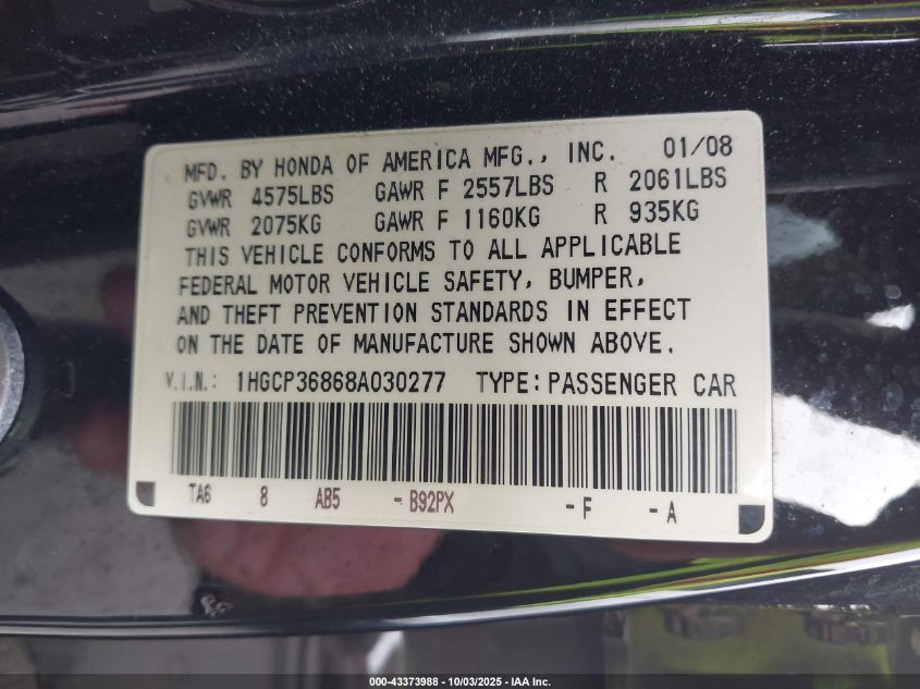 2008 Honda Accord 3.5 Ex-L VIN: 1HGCP36868A030277 Lot: 43373988