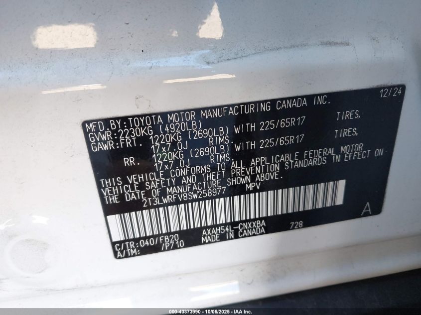 2025 Toyota Rav4 Hybrid Le VIN: 2T3LWRFV8SW258977 Lot: 43373990