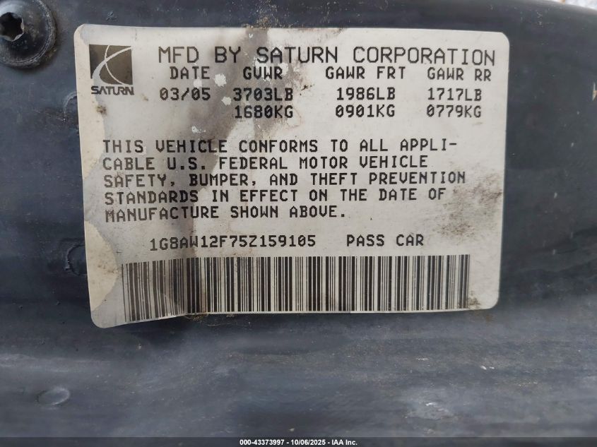 2005 Saturn Ion 3 VIN: 1G8AW12F75Z159105 Lot: 43373997