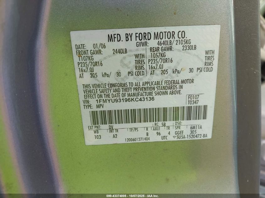 2006 Ford Escape Xlt/Xlt Sport VIN: 1FMYU93196KC43136 Lot: 43374005