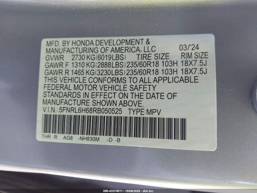 2024 Honda Odyssey Ex-L VIN: 5FNRL6H68RB050525 Lot: 43374011