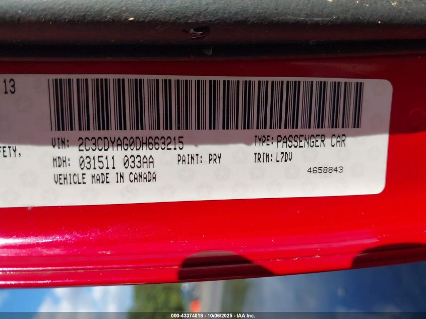 2013 Dodge Challenger Sxt VIN: 2C3CDYAG0DH663215 Lot: 43374018