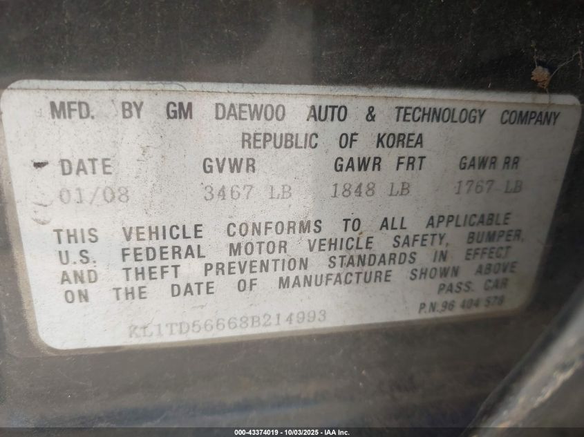 2008 Chevrolet Aveo Ls VIN: KL1TD56668B214993 Lot: 43374019