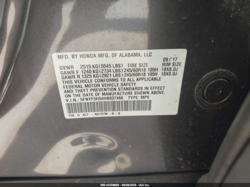 2017 Honda Pilot Ex-L VIN: 5FNYF5H54HB037466 Lot: 43374023