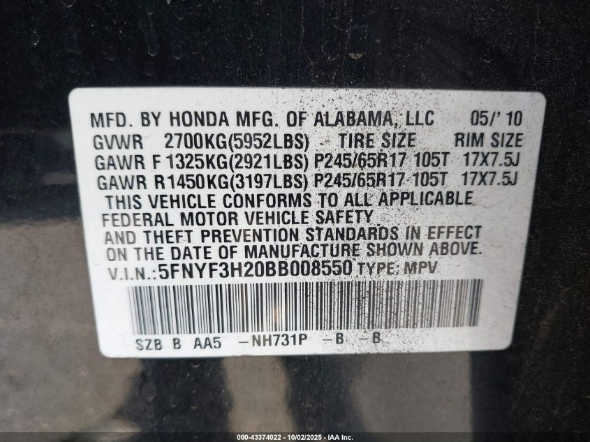 2011 Honda Pilot Lx VIN: 5FNYF3H20BB008550 Lot: 43374022