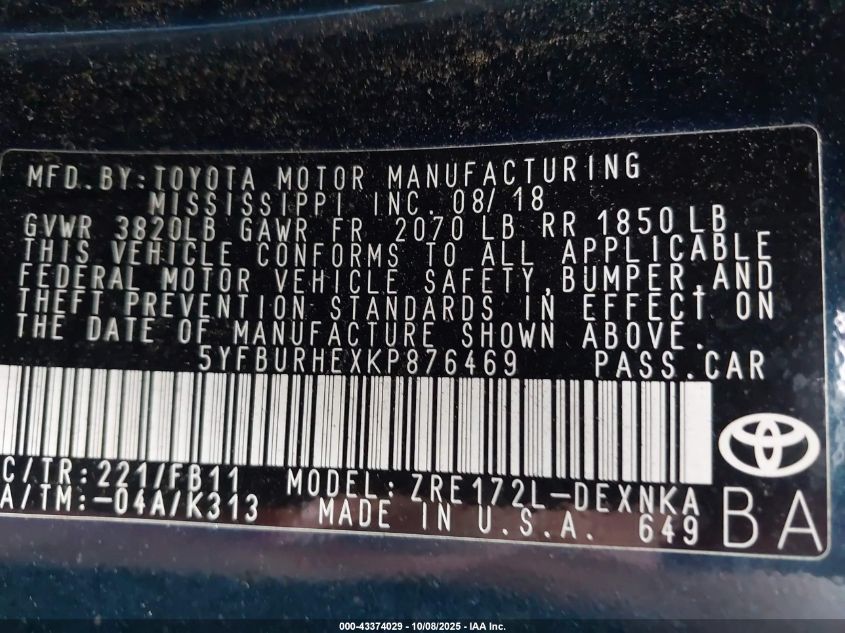 2019 Toyota Corolla Le VIN: 5YFBURHEXKP876469 Lot: 43374029