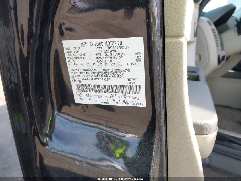 2011 Ford Escape Xls VIN: 1FMCU9C75BKC43224 Lot: 43374031