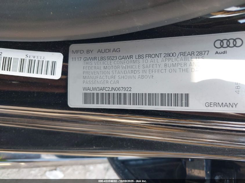 2018 Audi A7 3.0T Premium Plus VIN: WAUW3AFC2JN067922 Lot: 43374032