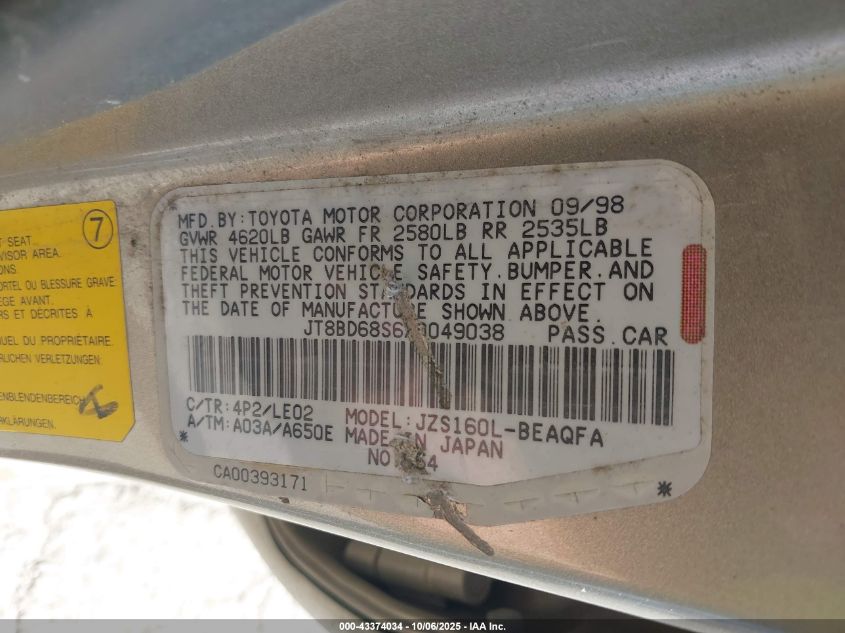 1999 Lexus Gs 300 VIN: JT8BD68S6X0049038 Lot: 43374034